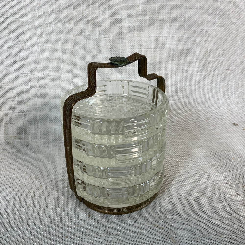 Vintage 4 Glass Coasters With Filigree Brass Carrying Tray, Retro Barware